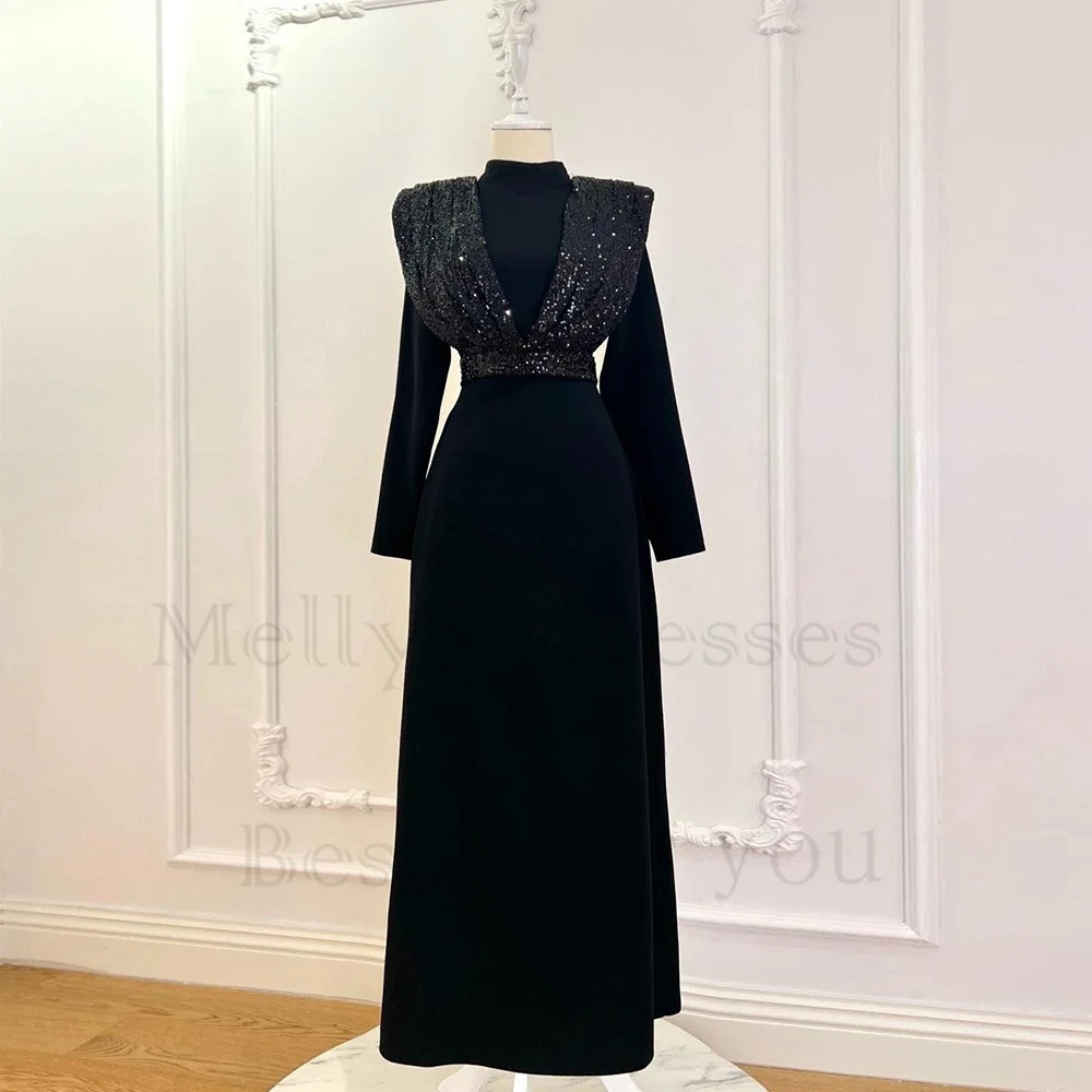 

Black Satin Islamic Evening Dresses with Sequined 2024 Winter Full Sleeve Modern High Neck Prom Gowns Real Picture Robe De Soiré