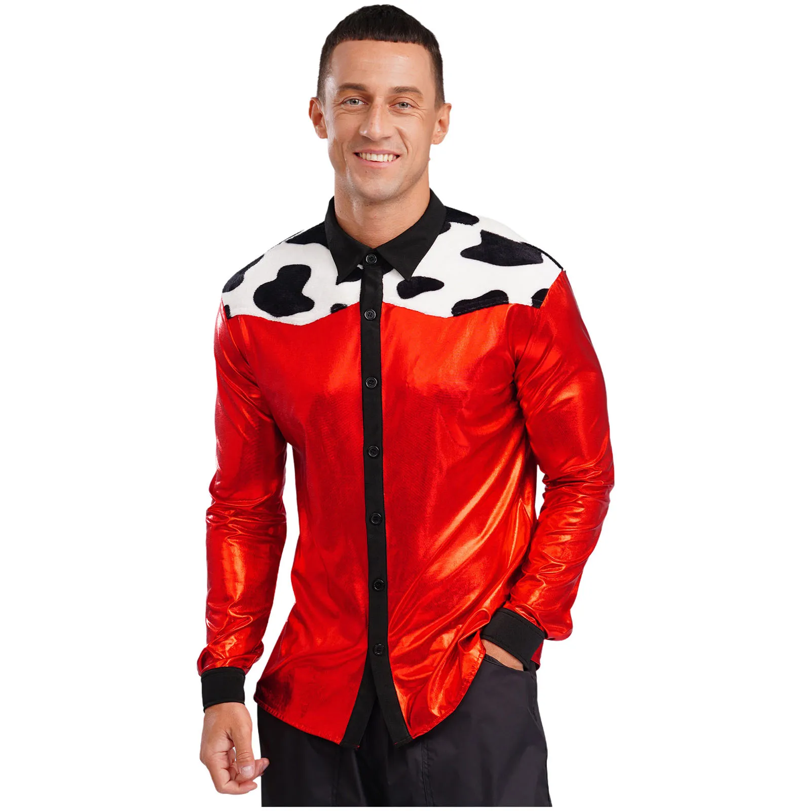 

Adult Men's Cow Print Shirt Tops Cowboy Cosplay Metallic Shirt Halloween Carnival Cosplay Tops Disco Party Club Dance Outfits