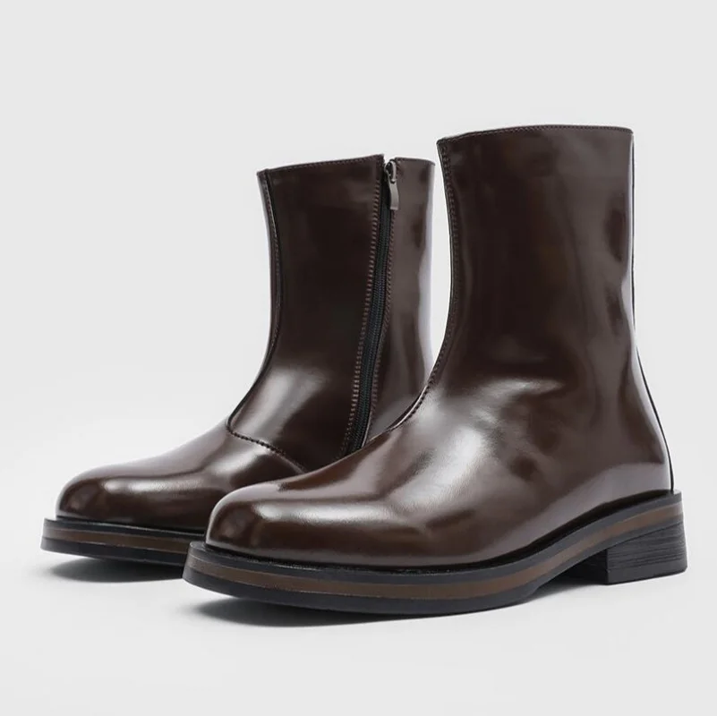 Mid Top Chelsea Boots for Men Solid Color Round Toe Side Zipper Casual Fashionable Simple Motorcycle Men Boots