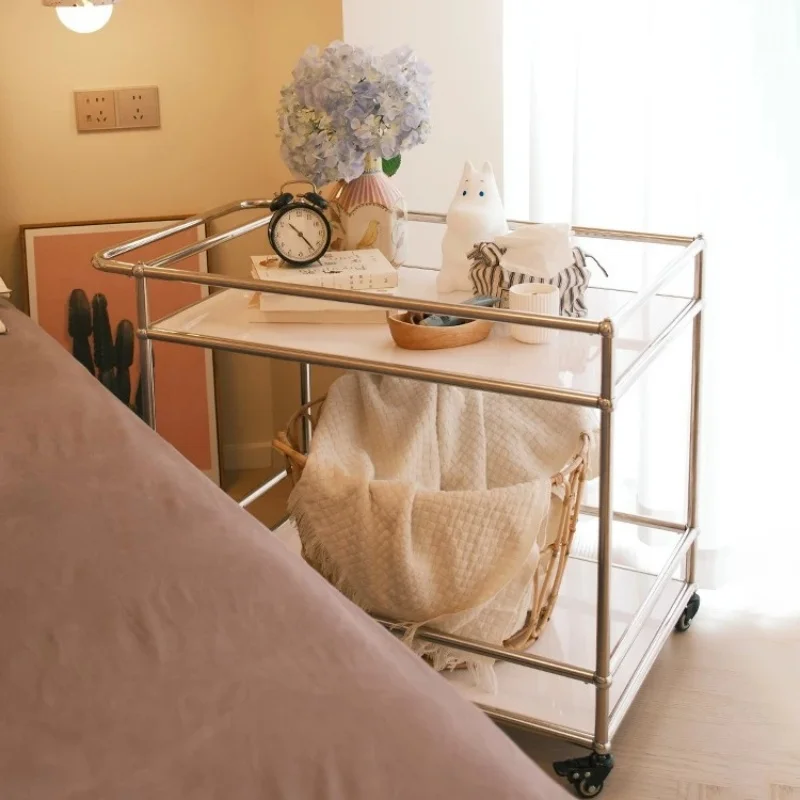 Mid-century metal stainless steel small trolley homerestaurant sofa, bedside mobile side table, storage rack, modular cabinet