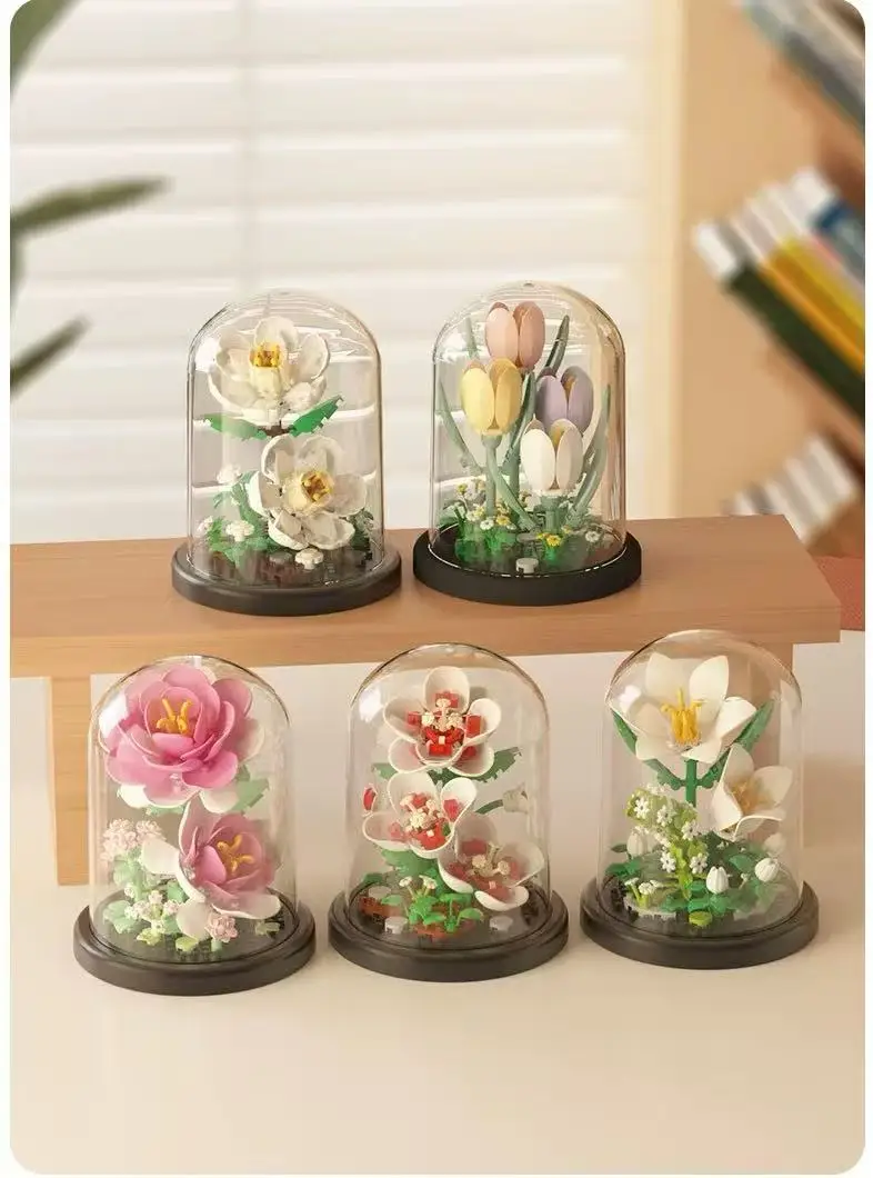 

DIY Mini Flower Arrangement Dust Cover Tulip Rose Sunflower Plants Succulents Gardens Building Blocks Model Kids Sets Kits Toys