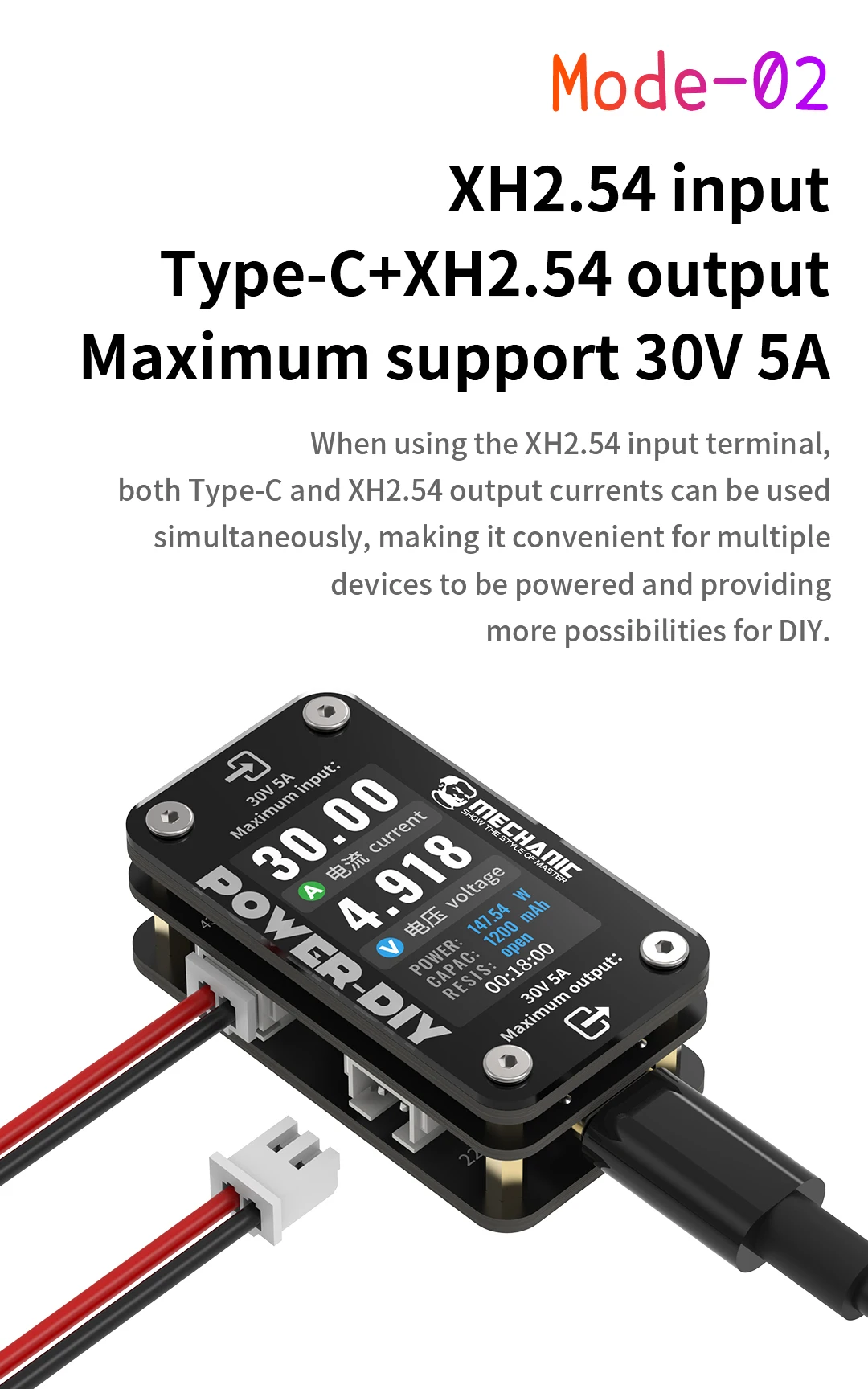 

Цифровой амперметр MECHANIC DIY/Power-DIY/Input Type-C/Type-C+XH2.54 Output/Maxumum Support 30 В 5 А/инструменты для ремонта мобильных устройств