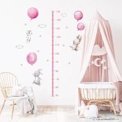 Pink Bunny Balloon Height Measure Wall Stickers for Kids Rooms Girls Baby Room Decoration Cute Cartoon Growth Chart Wallpaper