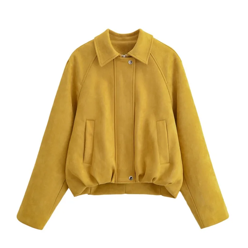 

Women Faux Suede Jacket Autumn Fashion Turn Down Collar Pleated Hem Short Jackets with Zipper Women's Coat Female Chic Tops