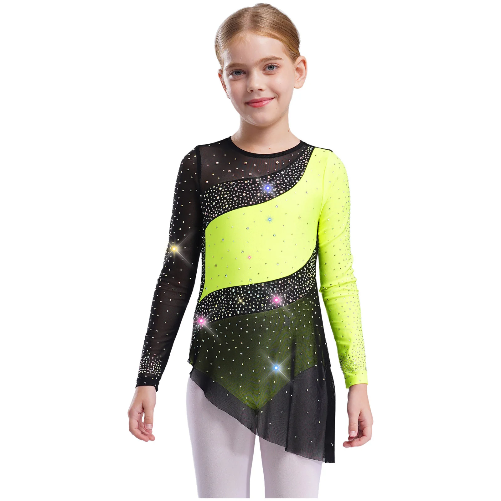 

Kids Girls Rhythmic Ballet Gymnastics Dance Costume Long Sleeve Sheer Mesh Rhinestones Leotard for Ballet Dance Performance Wear