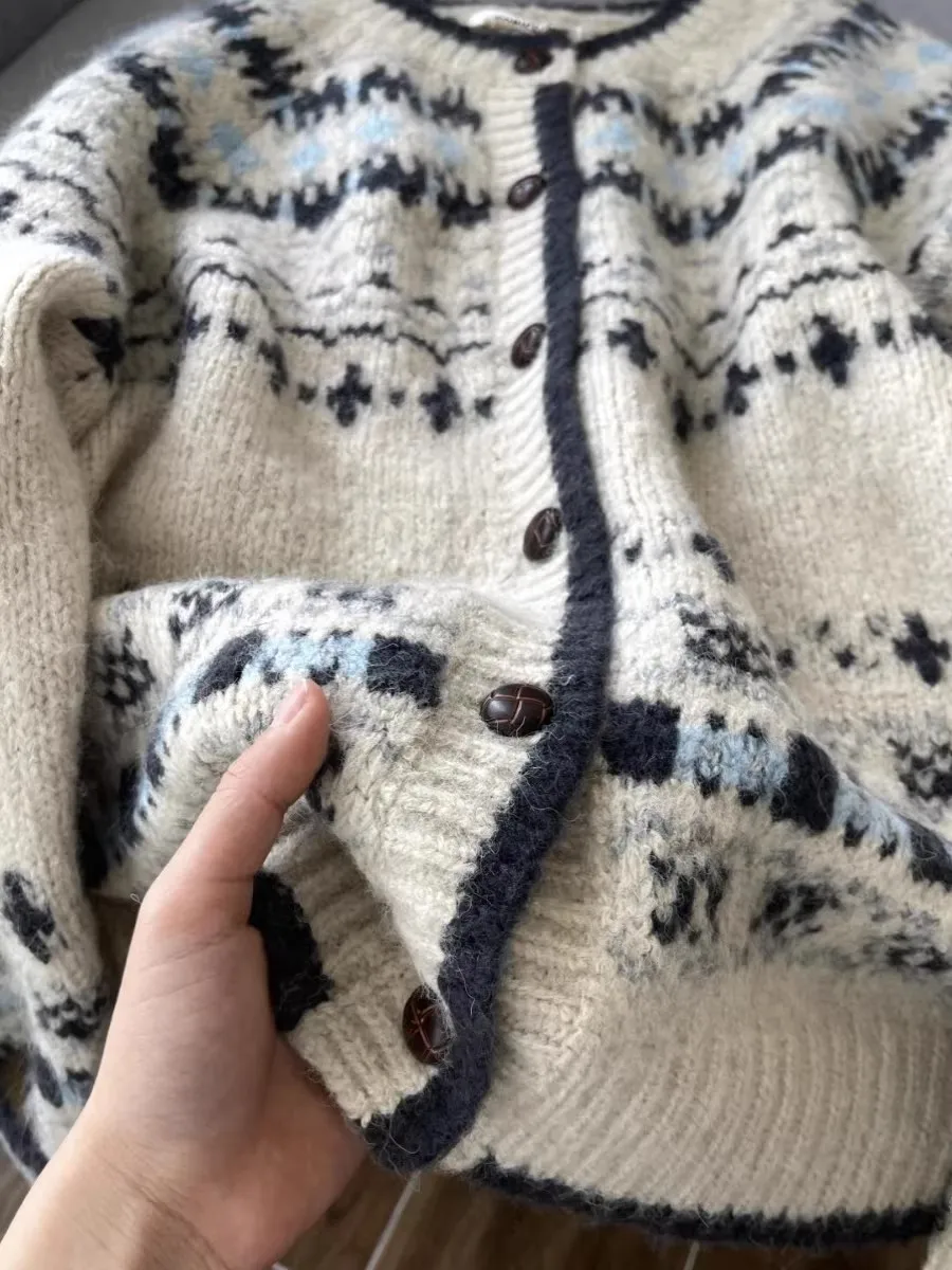 레트로 니트 플로럴 자수 라운드 넥 오픈 가디건 여성용 가을 겨울 루즈 페어 아일 스웨터 자켓