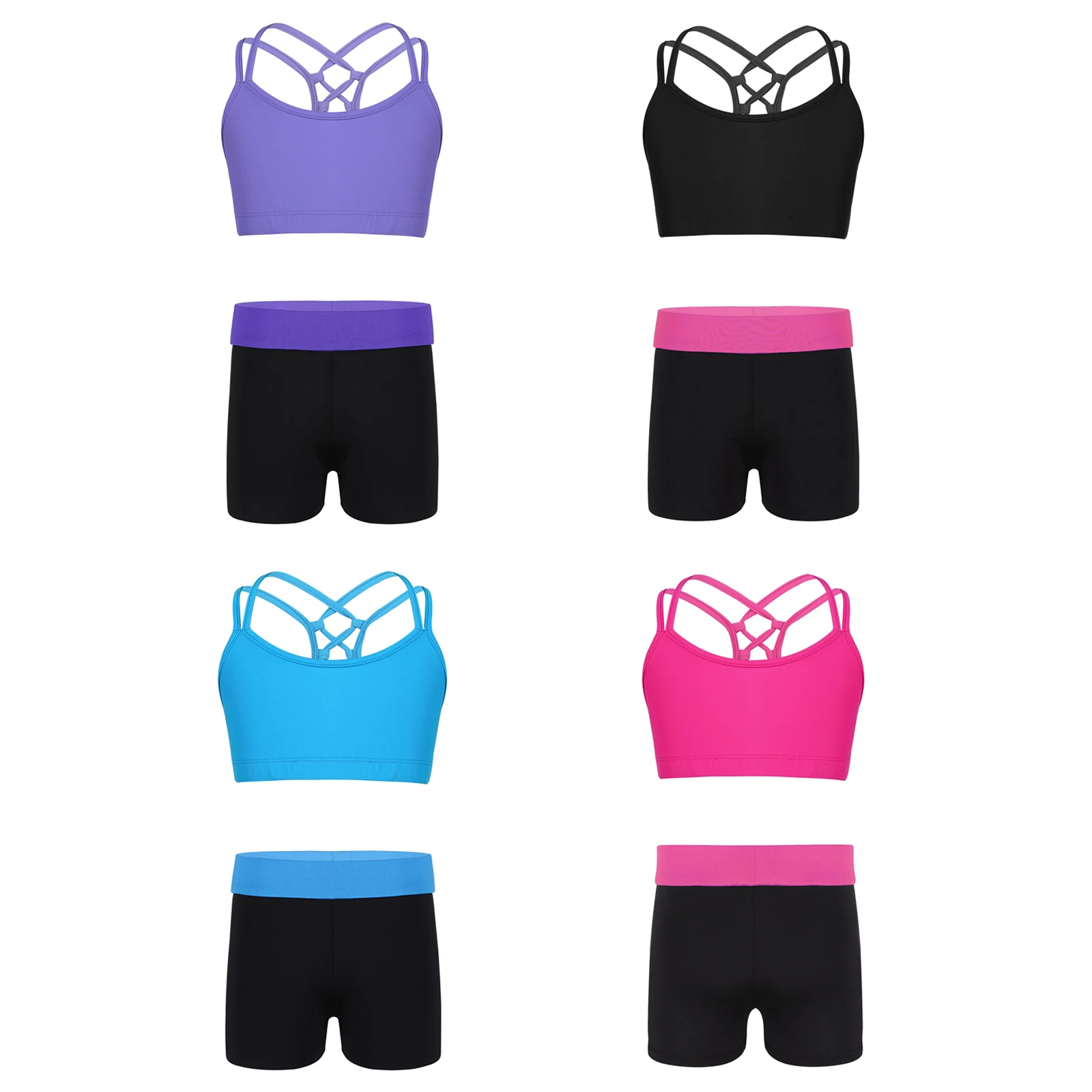 Kids Girls Ballet Leotard Strappy Crop Top + Shorts Outfit Set for Gymnastics Workout Yoga Sport Dance Stage Performance Clothes