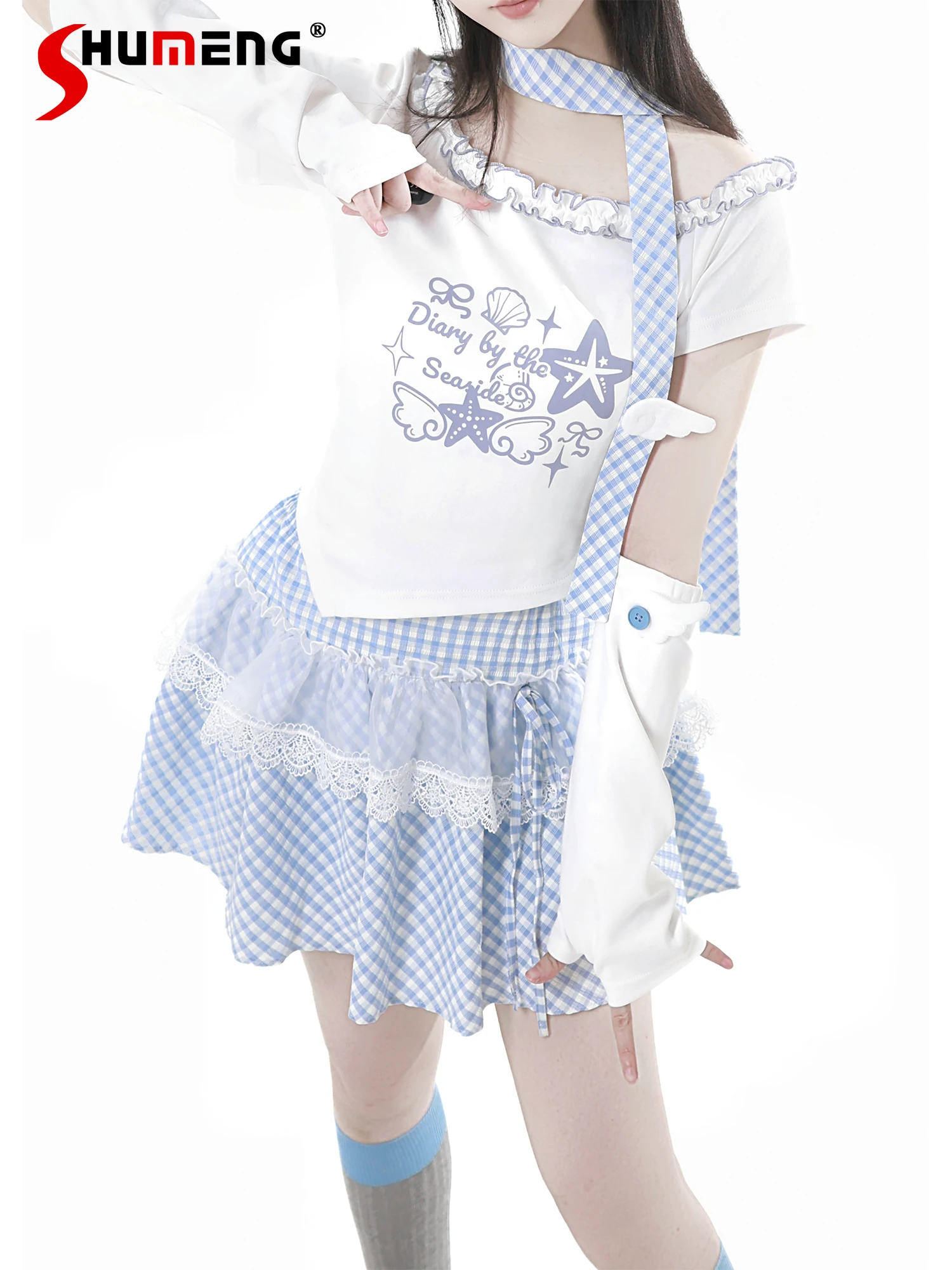 

Fashion Sweet Cool Girl Y2K Sets Crew Neck Short Sleeve Printed T-Shirt High Waist Lace Splicing Plaid Skirt Two-piece Set Women