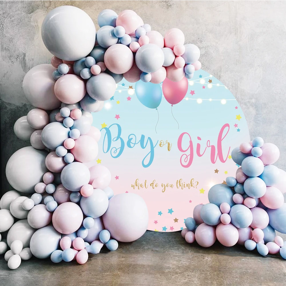 

Newborn Party Gender Reveal Round Photography Background Boy Or Girl Baby Shower Balloons Stars Decor Circle Photocall Backdrop