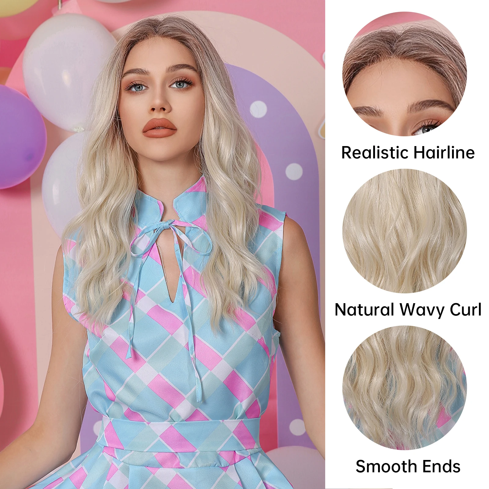 Perucas sintéticas onduladas longas para mulheres, ombre, marrom, loiro, frente de renda, afro, natural, parte média, cabelo resistente ao calor, cosplay