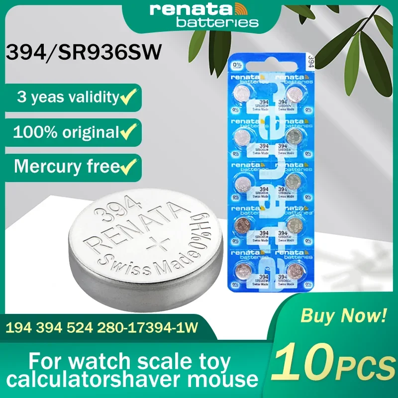 10PCS 100% Renata 394 SR936SW AG9 LR936 1.55V Silver Oxide Watch Battery 194 LR45 For Watch Scale Swiss Made Button Coin Cells