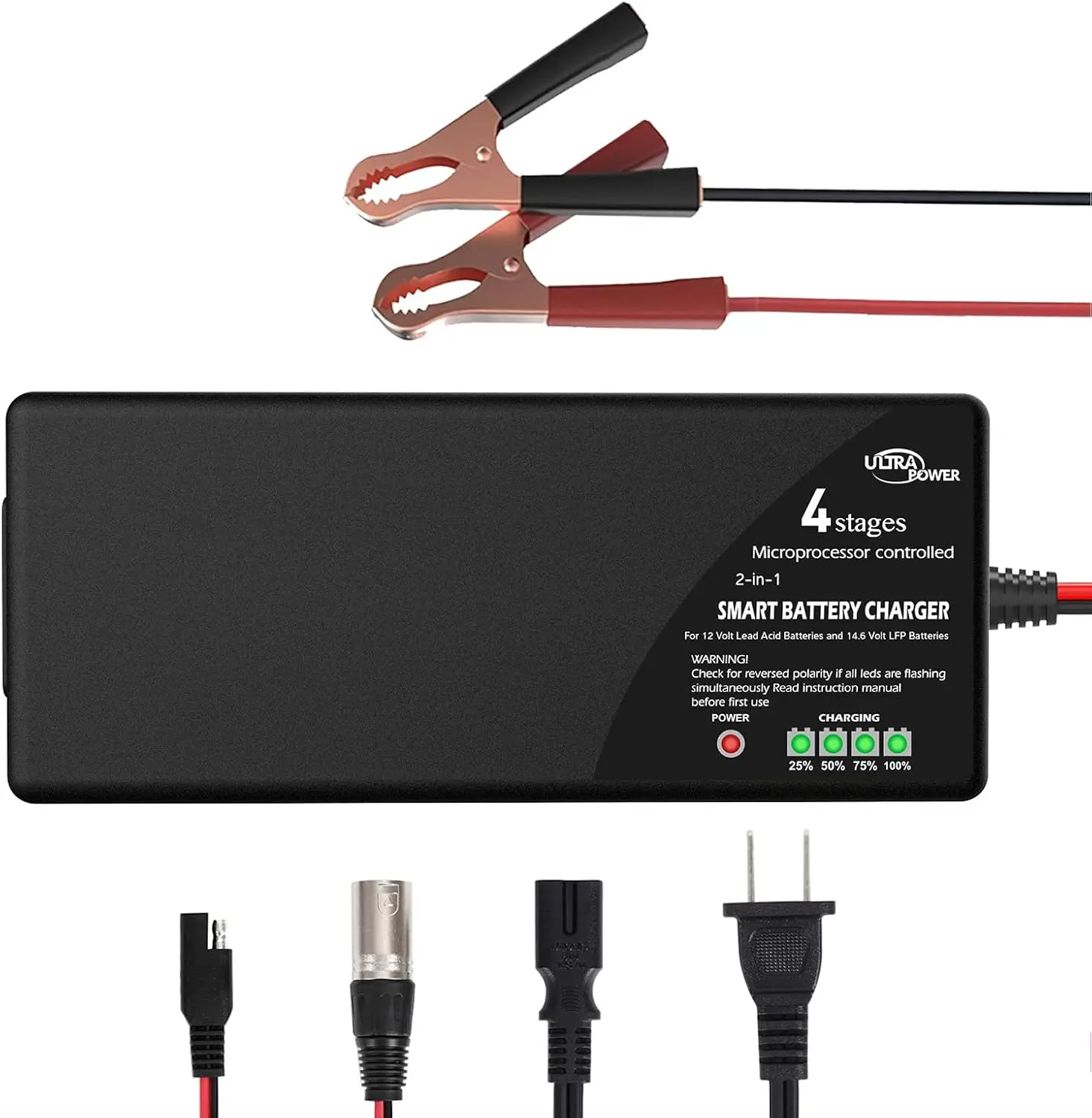 شاحن بطارية ULTRAPOWER 10-Amp LiFePO4، 14.6 فولت للسيارات والعربة والطائرات بدون طيار وحمض الرصاص 12 فولت