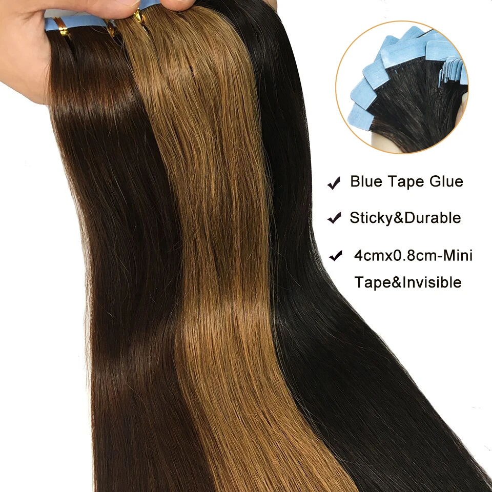 Cinta en extensiones de cabello humano 100% Remy Natural, extensiones rectas de 16-26 pulgadas, adhesivo de trama de piel sin costuras para mujer