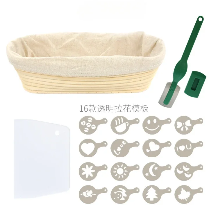 

Elliptical bread fermentation basket with baking tool combination, bread basket cloth cover, flour scraper, cutting blade, and f