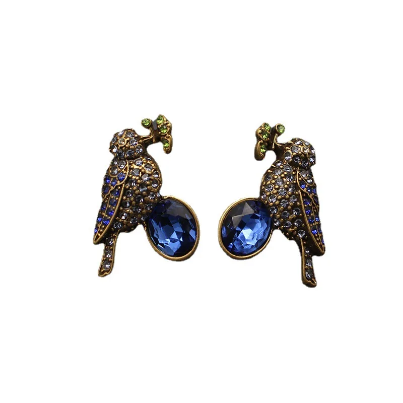 Set of Magpie Necklace, Earrings, and Brooch - Premium Blue Glass Pearl with Antique Gold Plating view 6