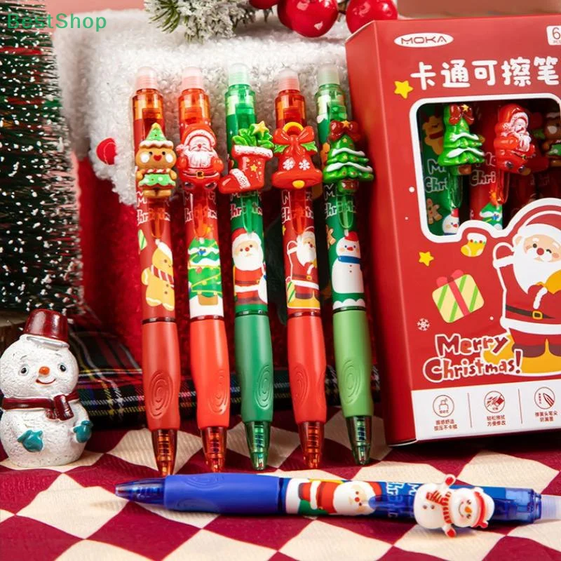 

6 шт., стираемые гелевые ручки с рисунком рождественской тематики, кавайные быстросохнущие ручки с гладкими синими чернилами, нейтральные ручки, студенческие канцелярские принадлежности, подарок