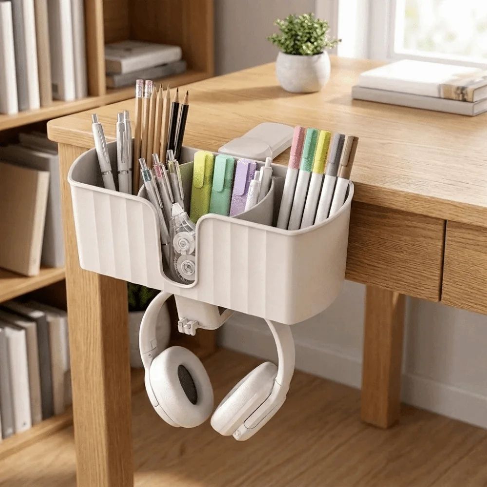 Plastic 4 in 1 Desk Headphone Hanger Space Saving with 2 Wire Holes Under Desk Cup Holder Detachable Clip-on Pen Cup Holder