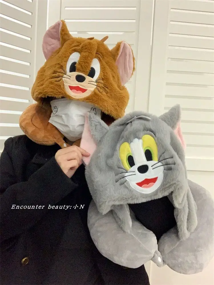 

HQ Tom and Jerry U-shaped Neck Pillow Hooded Lovely Anime Cat Mouse Blackout U-shaped Pillow With Hat Travel Office Nap Pillow