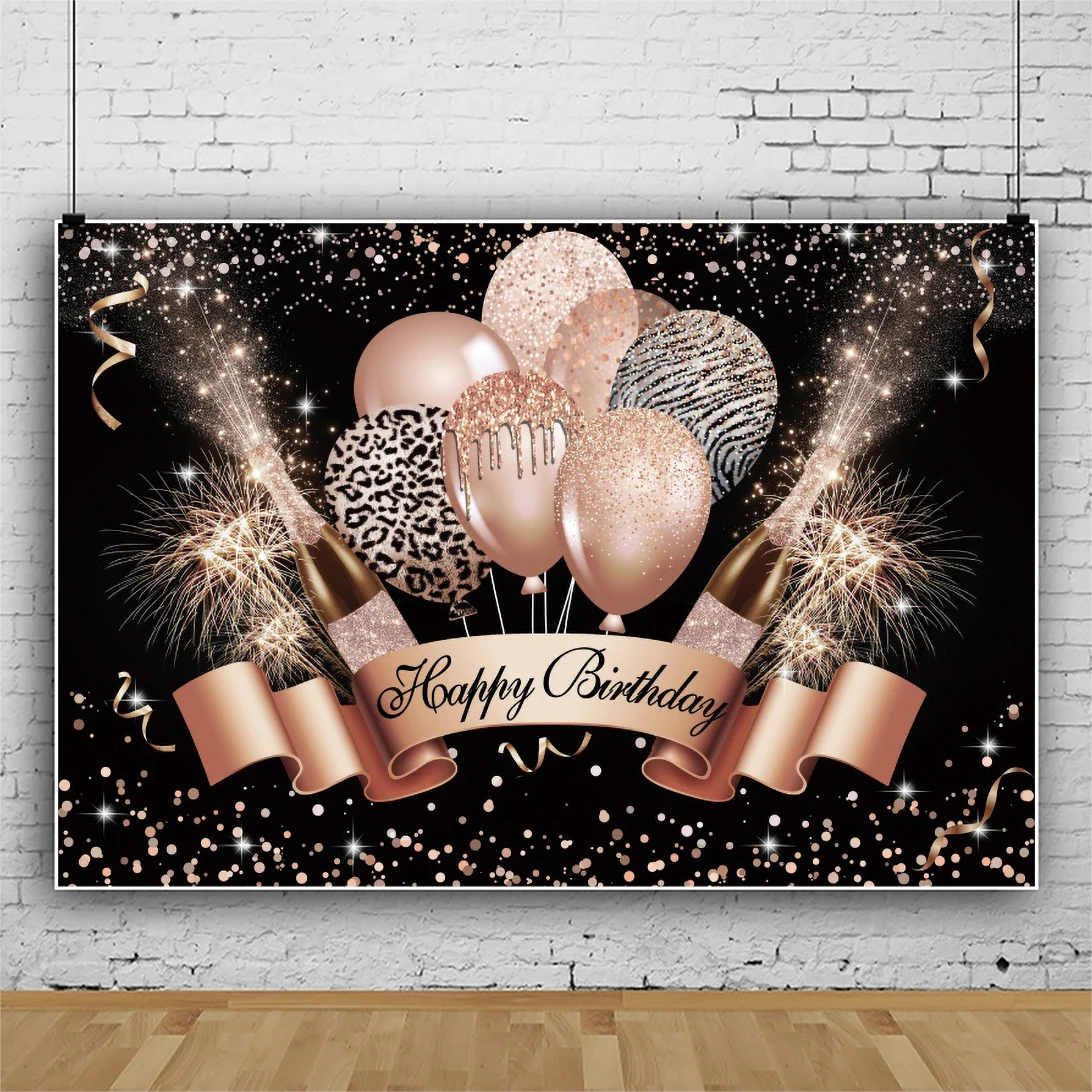 Laeacco สีดำและ Gold Happy Birthday การถ่ายภาพพื้นหลัง Glitters บอลลูนแชมเปญผู้ใหญ่เด็ก Portrait Csutomized ฉากหลัง