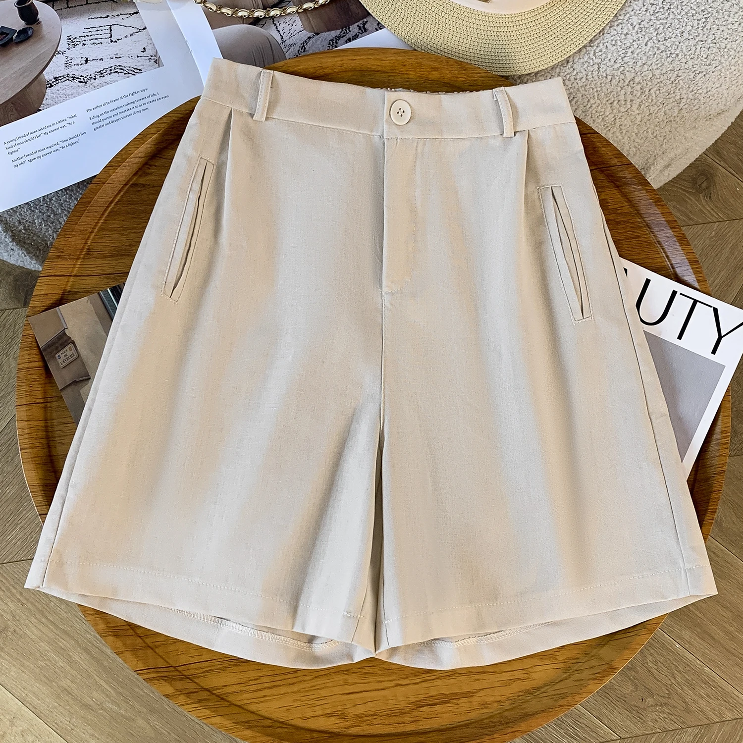 

Женские льняные широкие укороченные брюки с высокой талией, повседневные брюки-капри, летняя новинка, стройнящий фасон в стиле Old Money