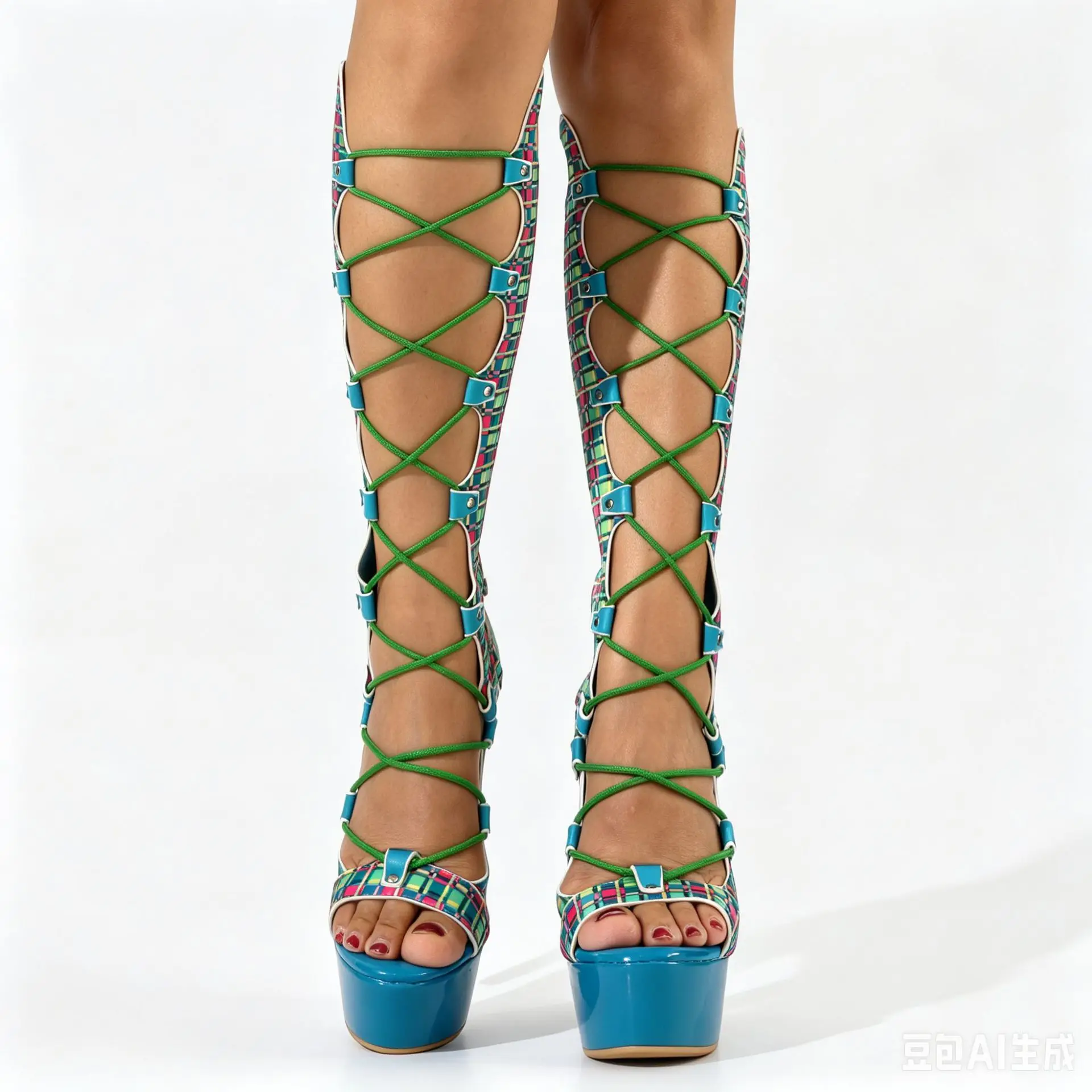 1 Turquoise Pink Patchwork Checkered Summer Boots Stilettos Platform Knee Sandal Boots Matched Color Plaided Lace-Up Caged Shoes