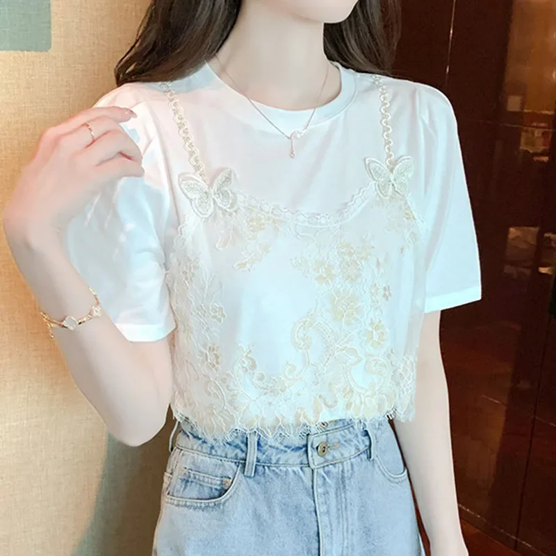 Summer Short Sleeve Women T-shirt Sweet O-neck White Tops Lace Patchwork Blouse Elegant Casual Clothing