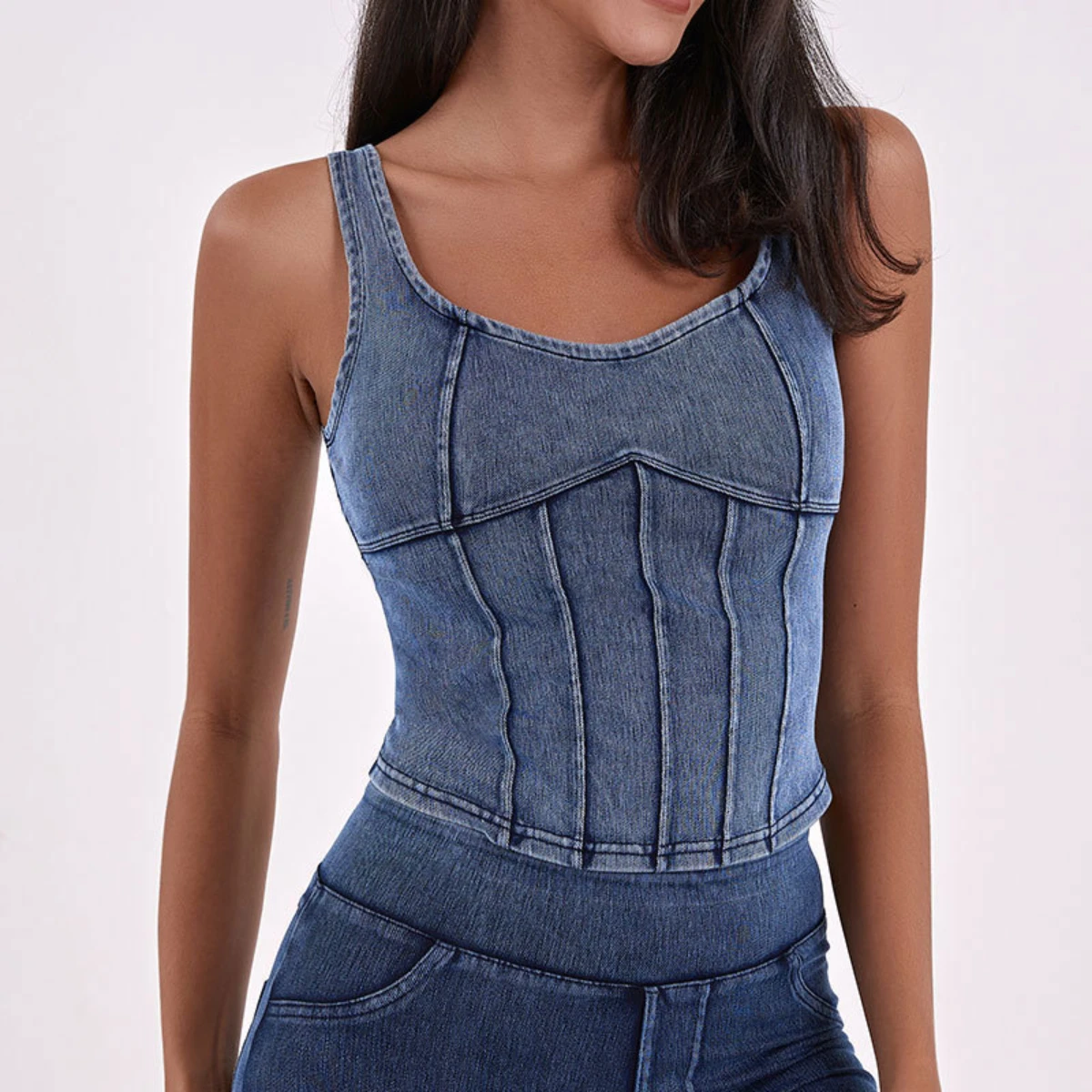

Denim Yoga Crop Tops For Womans Sleeveless Square Collar Tank Top Slim Crosets Gym Elastic Soft Breathable Sports Backless Vest