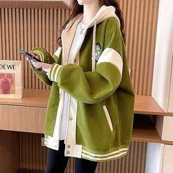 2023 New Pocket Hooded Sweatshirts Loose Femme Buttons Long Sleeve Coat Streetwear Women's Clothing Casual Preppy Style Jackets