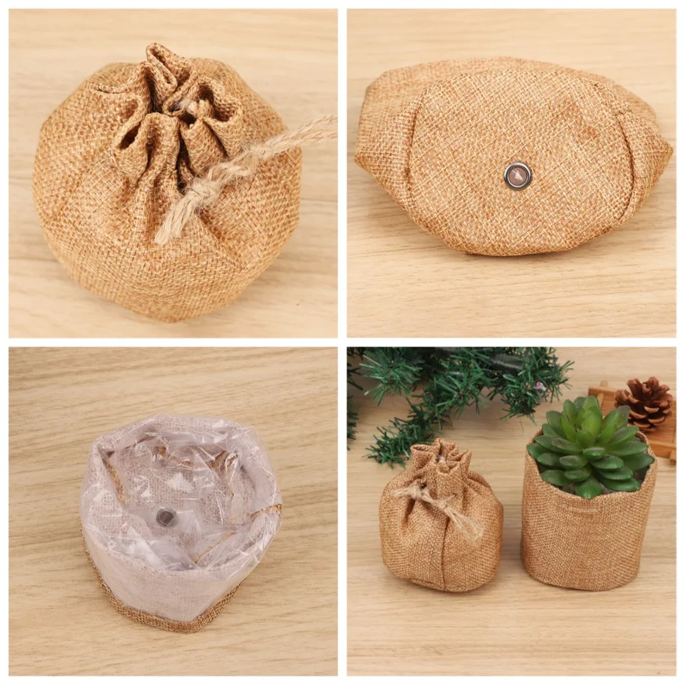 2pcs Linen Drawstring PE Eco Bag, Succulent Pot Container Packaging for Flower & Plant Gardening Planting