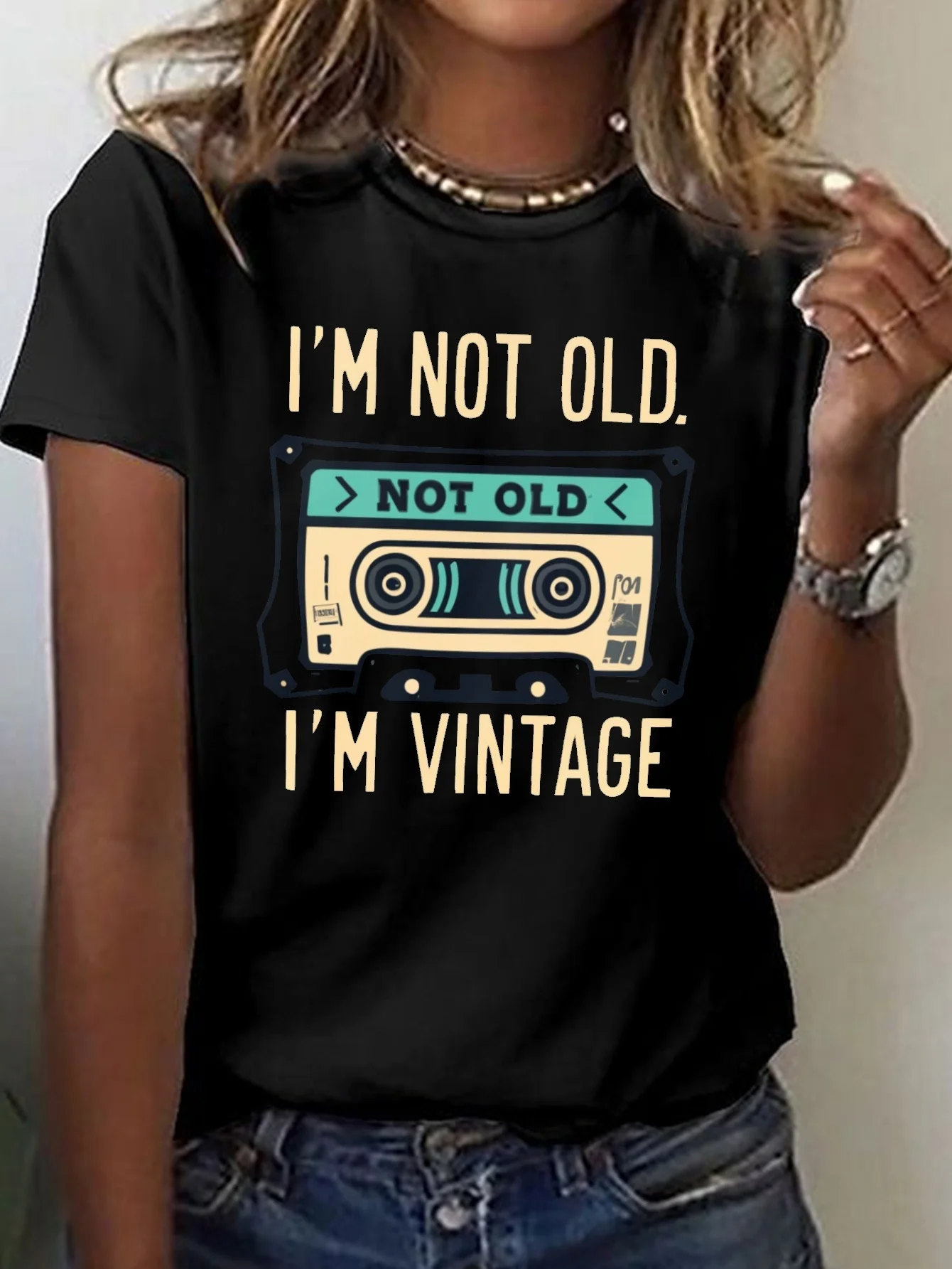 I'm Not Old I'm Vintage Print T-shirt, Short Sleeve Crew Neck Casual Top for Summer & Spring, Women's Clothing