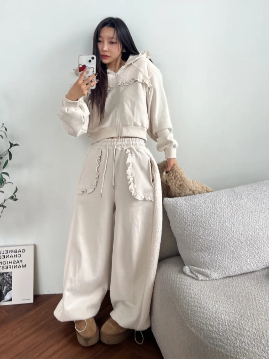 Lamb Fur Hoodie Jaet Women's High Waist Casual Pants Set Spring Autumn Design Sense Splicing Wood ain  Street Sle