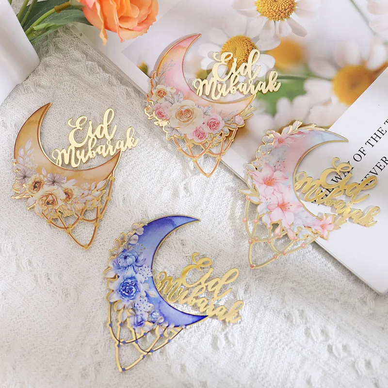 

5Pcs Eid Mubarak Acrylic Cake Topper Pink Blue Moon Flower Cake Side Decor Ramadan kareem Islamic Muslim Party DIY Cake Decors