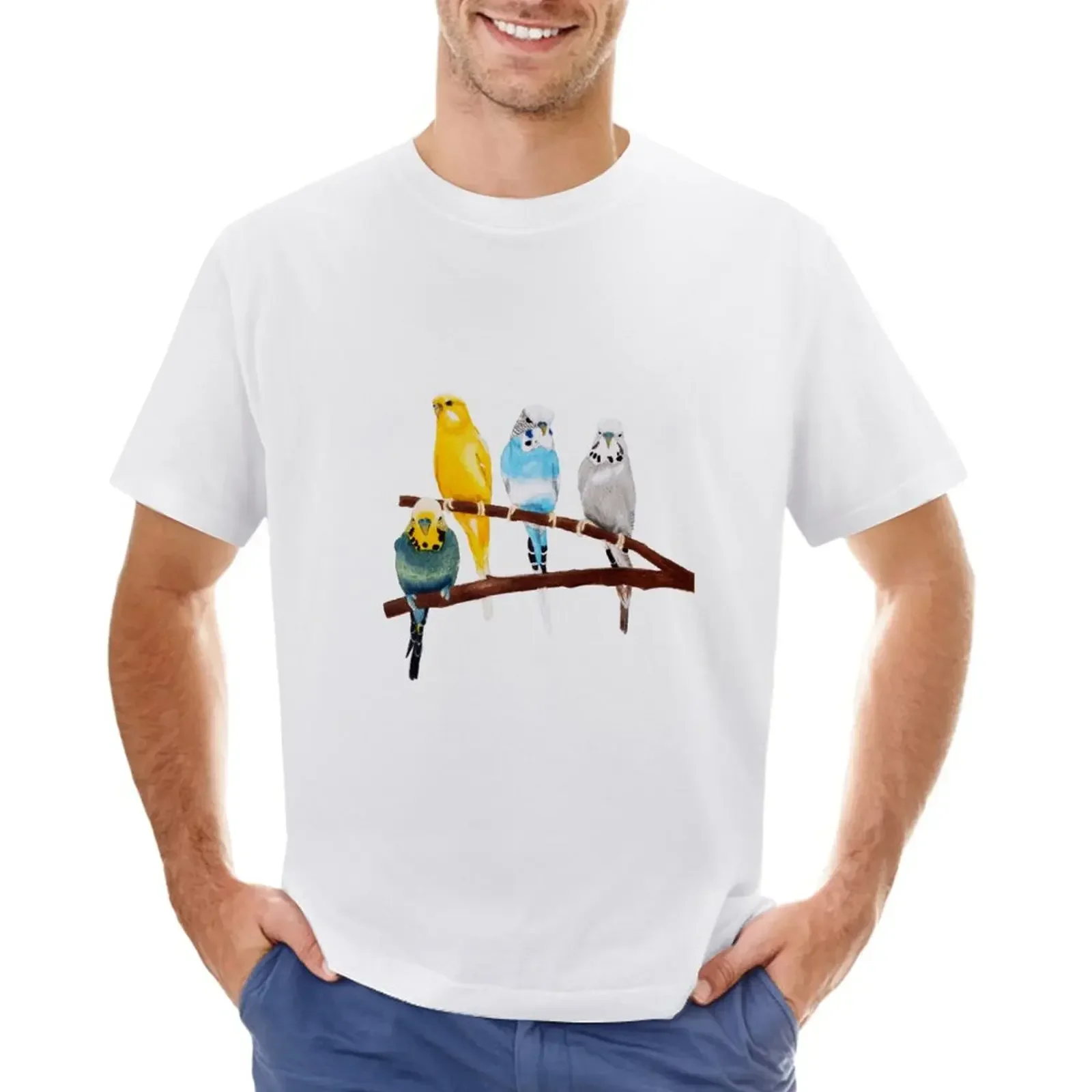 Four Budgies watercolour T-Shirt customizeds plain plus size tops tees t shirts for men graphic