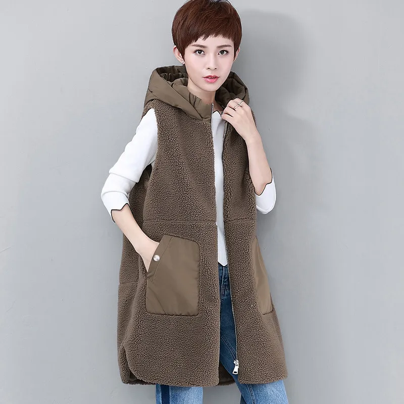 

Imitation Lambwool Vest With Cotton Thick Warm Sleeveless Jacket Women Long Hooded Waistcoat Fashion Casual Vest Outwear