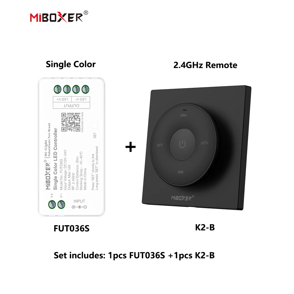 MiBoxer DC12~24V FUT036S+FUT087/K2/K2S 2.4GHzRF Wireless Single Color 12A/Channel LED Controller For Single Color COB/Led Strip