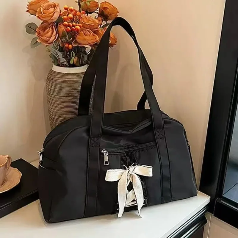 Y2K Korean Bow Tote Bag Oi Nylon Thick Waterproof Tie Strap Single Shoulder Crossbody Tote Fitness High-capacity Bag Girl New