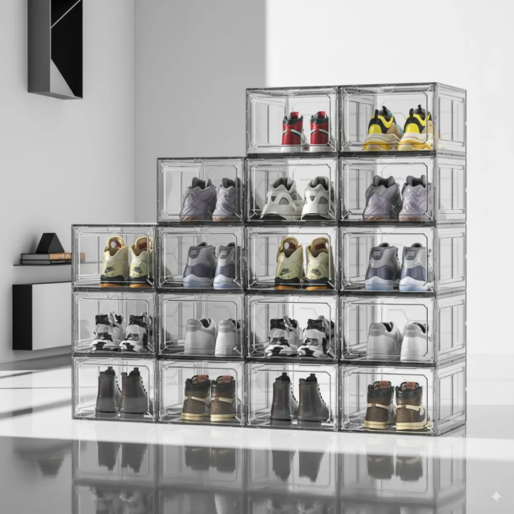 Boîte de rangement de chaussures pliable, support de rangement à aspiration magnétique, boîte de rangement de baskets anti-poussière, armoire à chaussures combinée peu encombrante