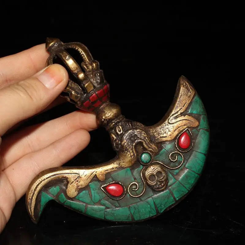 Tibetan Brass Buddhist Red Coral Turquoise Dorje Ax Phurpa Pestle Vajra Amulet #2