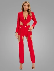 Seksi v yaka uzun kollu Blazer ceket + uzun/kısa pantolon ayrılabilir 3 parça Set BodySuit kırmızı turuncu kesme pantolon Blazer pist