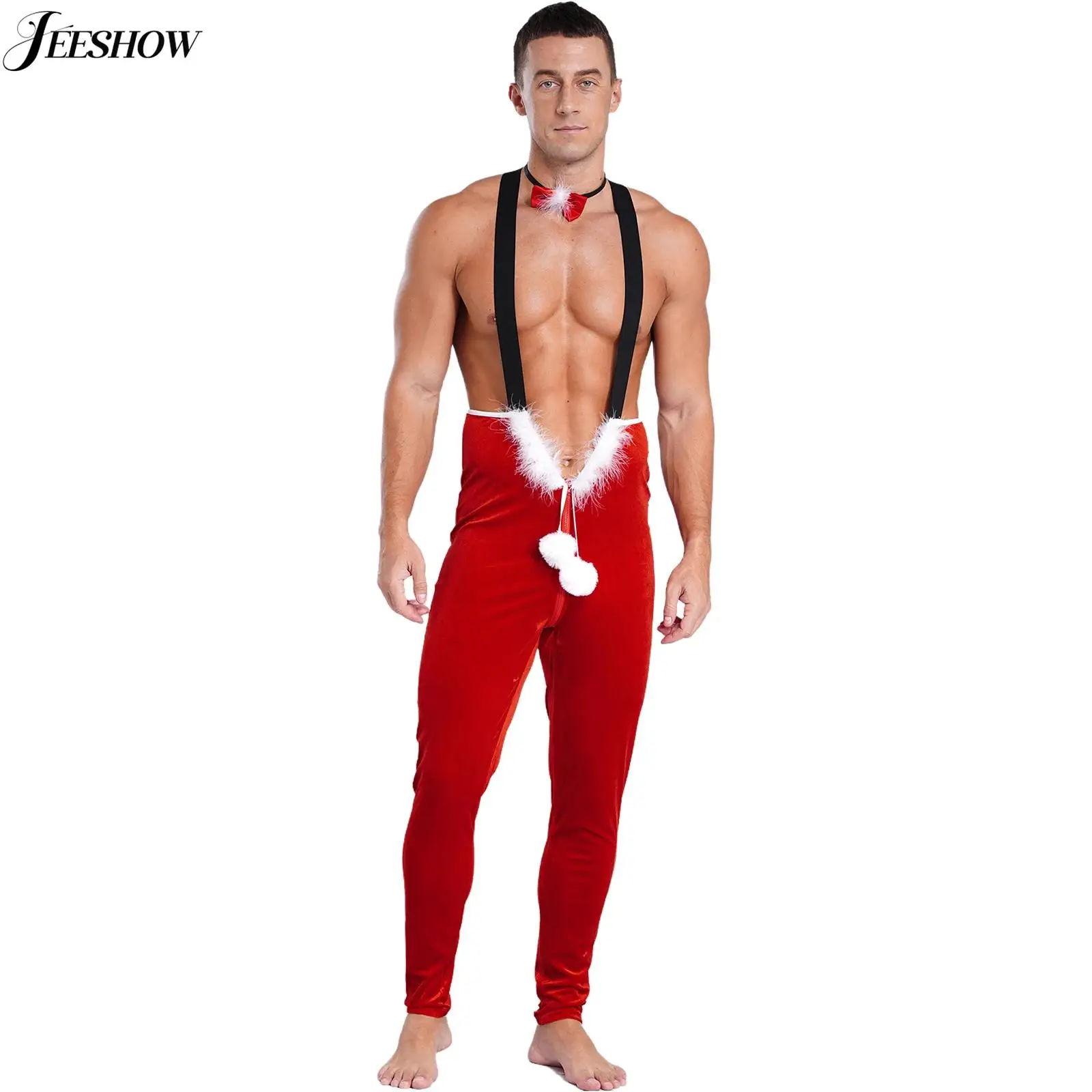 Mens Christmas Costume Plush Ball Velvet Jumpsuit Overalls Santa Claus Cosplay Outfit Suspender Bodysuit with a Bowknot Neckband