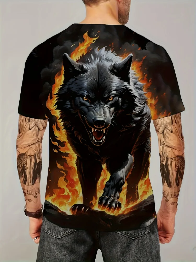 Men 3D Pattern Fire Wolf Graphic Print T-Shirt Summer Oversized Causal T-Shiet Men's Fashion Fitness Short Sleeve Clothing Tops