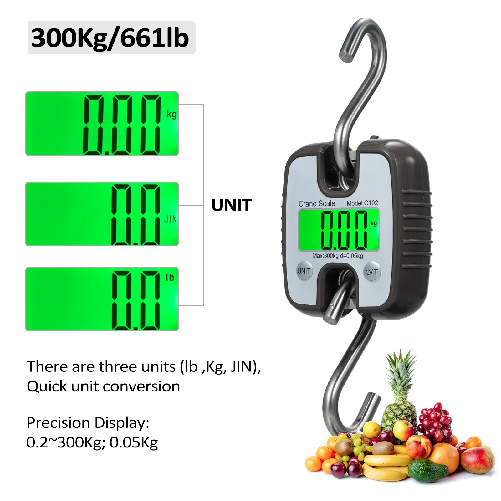 300kg Hanging Digital Scale High Precision Handheld S-Shaped Barb Crane Scale with LCD Display Electronic Portable Crane Scale