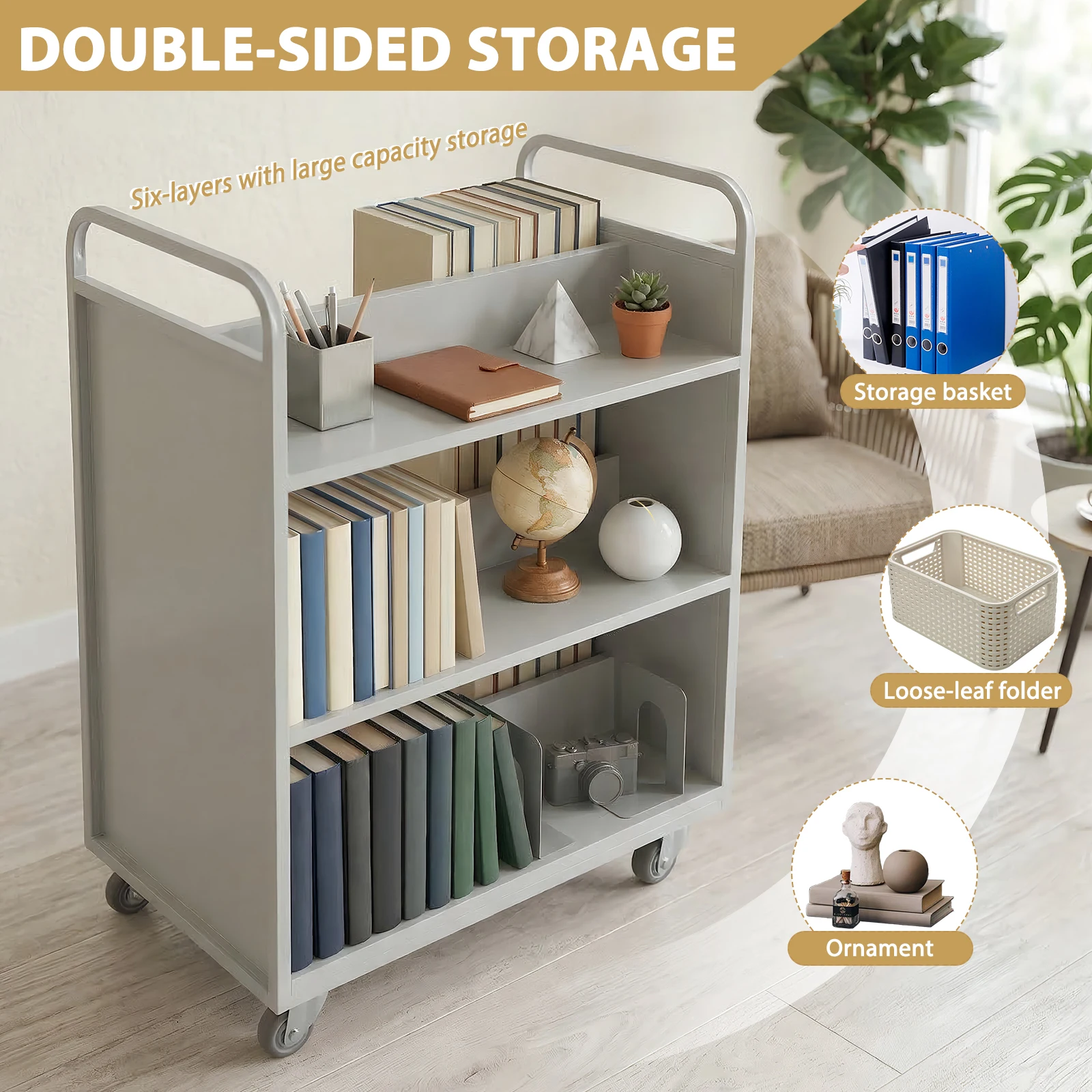 

Library Book Cart Slanted Single Sided Metal Utility Cart with Swivel Lockable Casters for Library Office Archive Room
