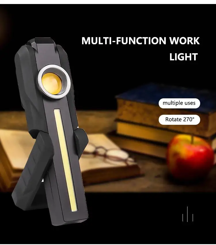 Luz de trabajo LED + COB recargable, linterna portátil magnética plegable de mano con carga USB, iluminación para exteriores, Camping y senderismo