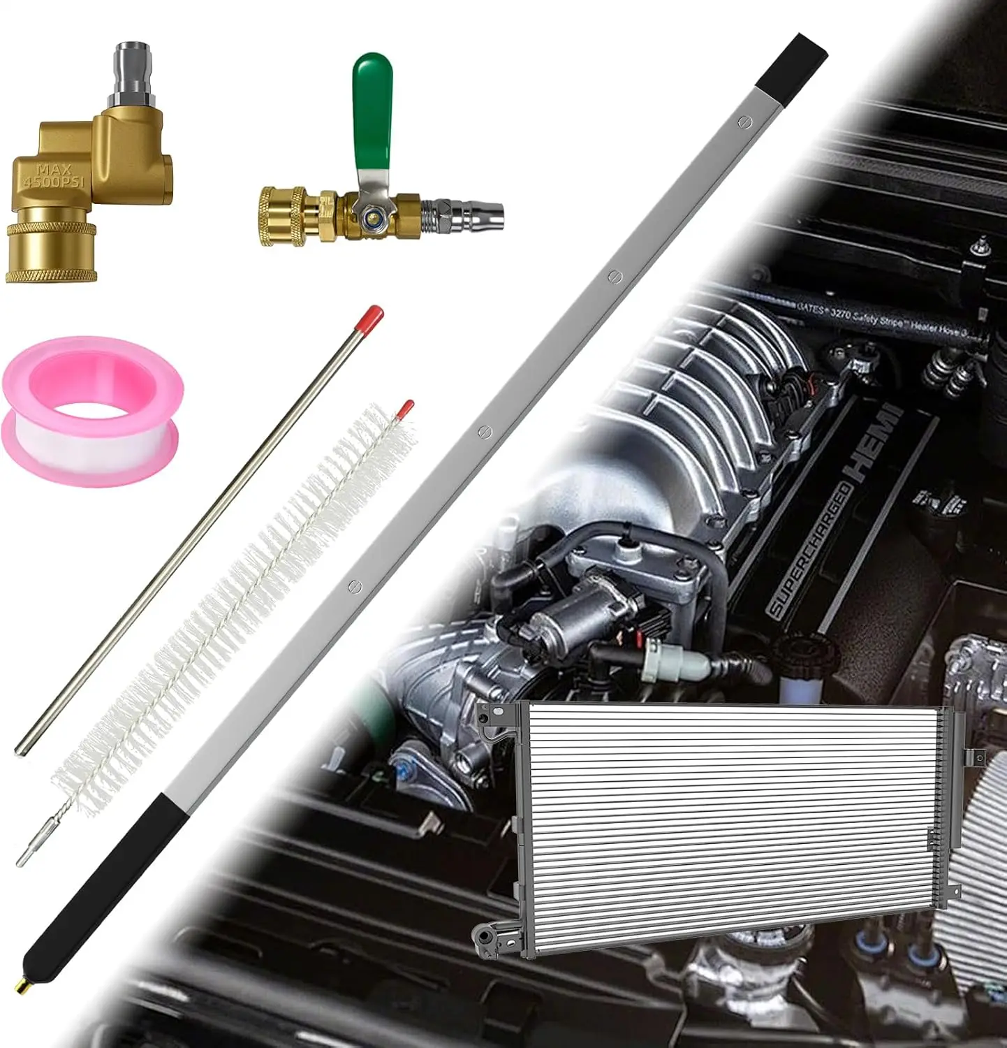 

24' Radiator Cleaning Wand, 4500 PSI Flush Tool with 4-Hole 30° Nozzles, 180° Swivel Coupler, Brush & Tape