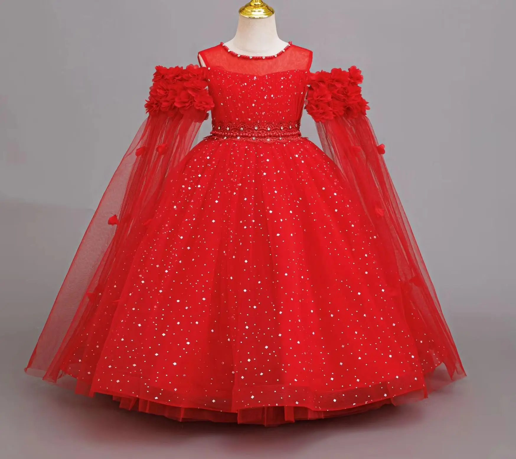 

New Princess Girl Party Dresses Girls Concert Dress Long Ball Gown Pearls 4-12 Years Child Clothes