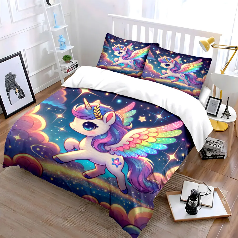 Dreamy Unicorn Soaring in Sky Print Bedding Set 1 Duvet Cover 2 Pillowcases for Adult and Children Luxury Gift Full Size