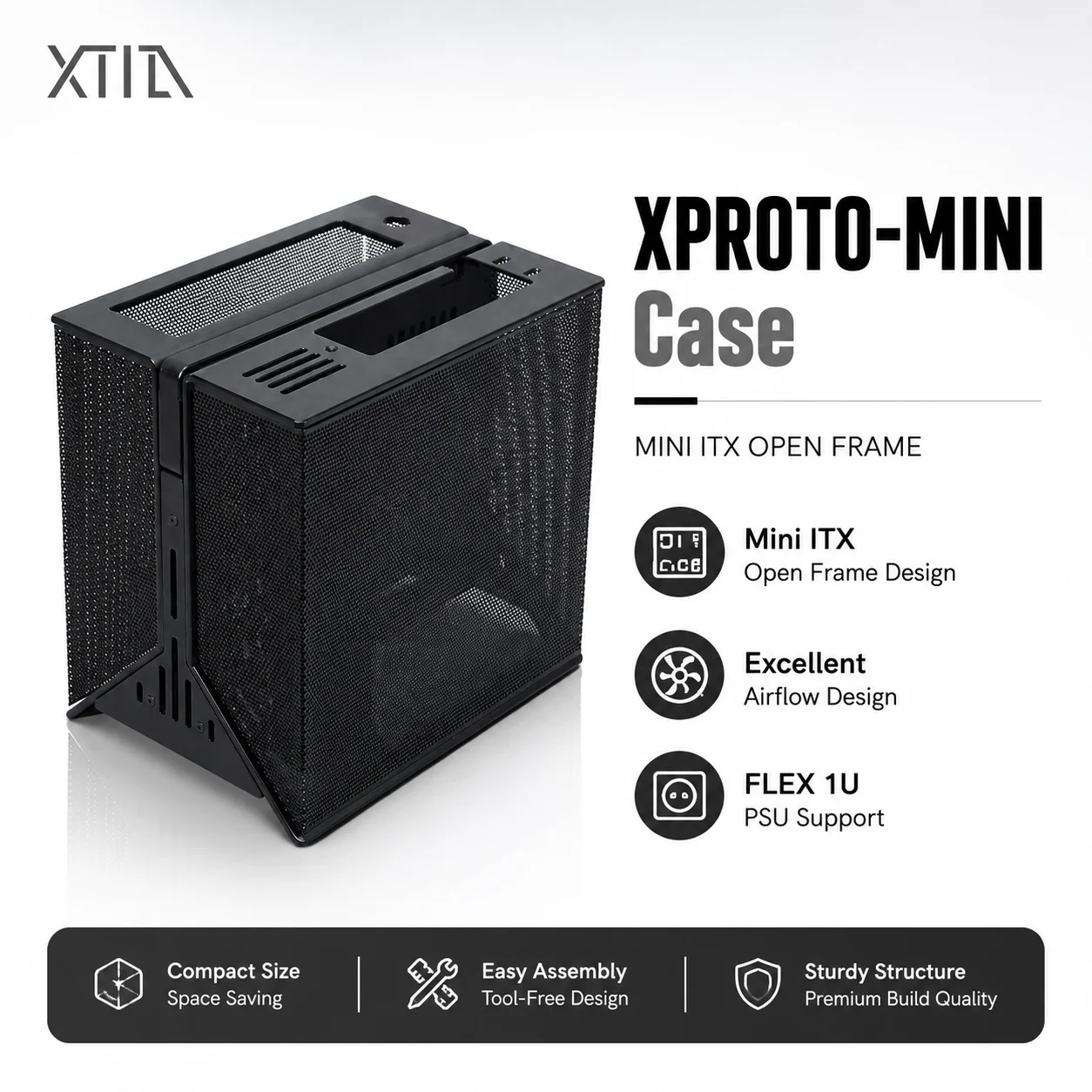 XTIA XPROTO-MINI Open Air Mini ITX Gehäuse mit FLEX 1U Netzteil-Unterstützung, Tragbares Kleines Form-Factor-PC-Gehäuse für Dual-Slot-GPU