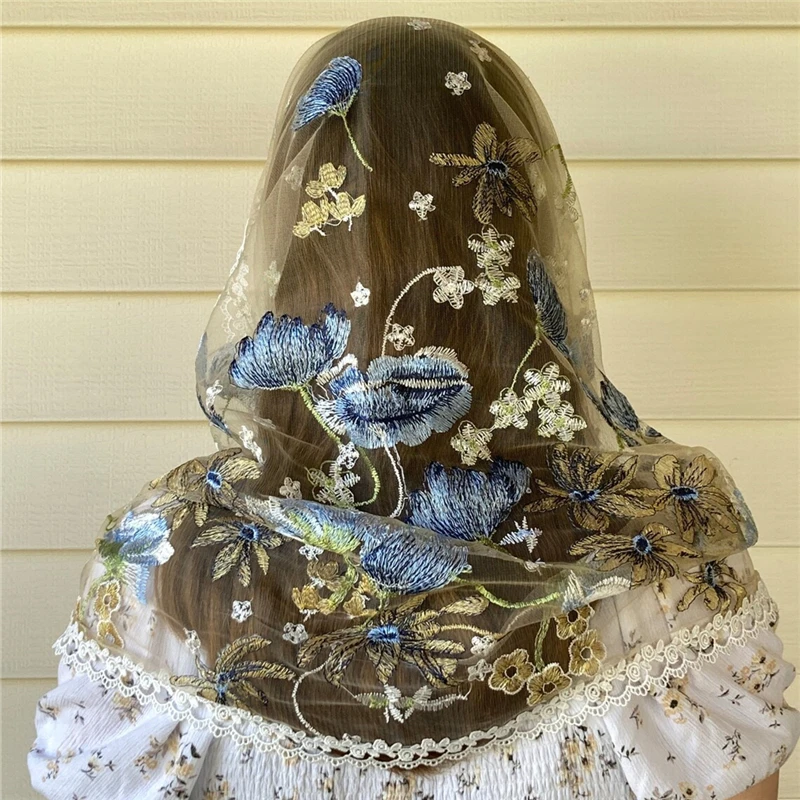 D Shape Infinity Mantilla Veils For Church Chapel Mass Women Gift Apricot Tulle Lace Edge Floral Blue Flowers Head Covering New