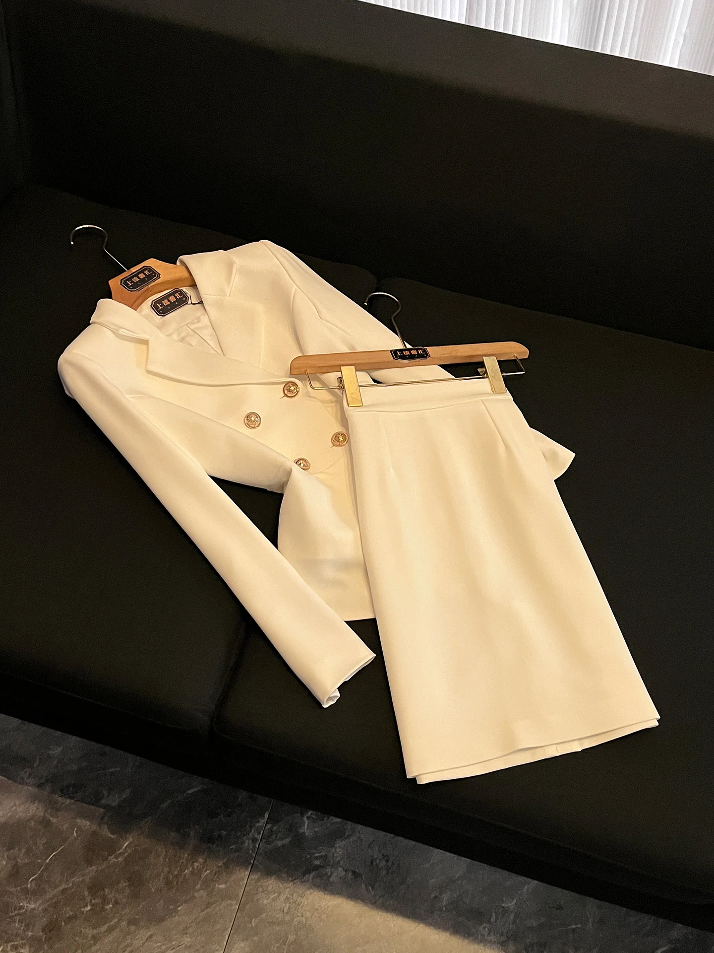 White Slim Fit Suit Women's Fashion Set High Waist Commuter Skirt Two Piece Set Early Autumn New Style P744 Elegant Professional